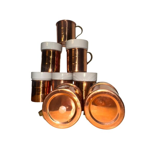 Set Of 7 Copper & White Ceramic Mugs With Brass Handles - Picture 5 of 7